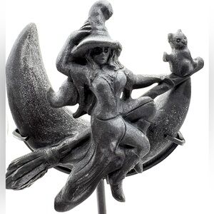 Shungite Crystal Witch Crescent Moon Carving- includes metal stand 7”